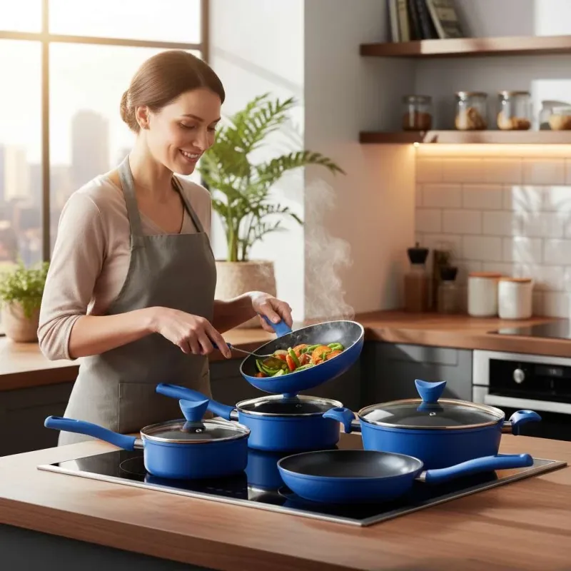 Premium 8-Piece Non-Stick Cookware Set with Glass Lids, Induction-Ready Teal - Image 3
