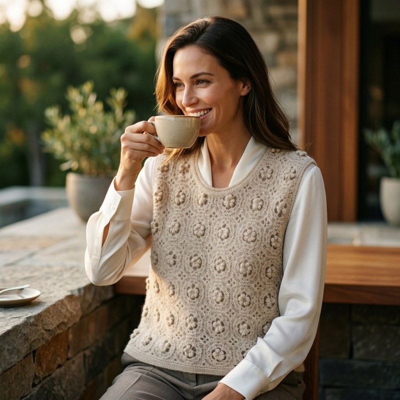 Tatario Women's 100% Pure Cashmere Hollow-Out Floral Knit Vest - Image 3