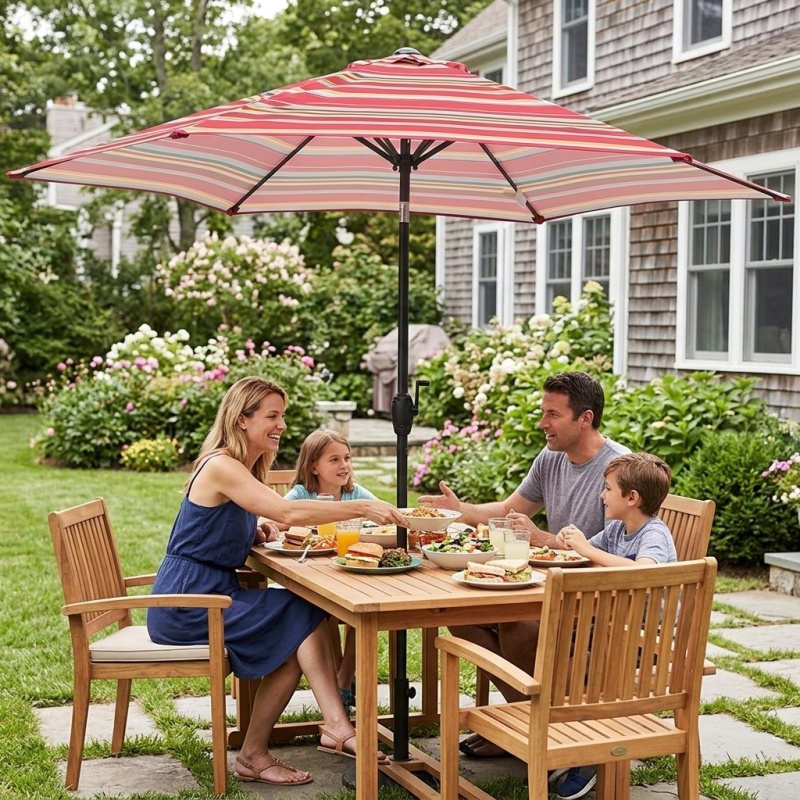 9FT Patio Umbrella with Crank Handle and Push-Button Tilt, Red Striped - Image 1