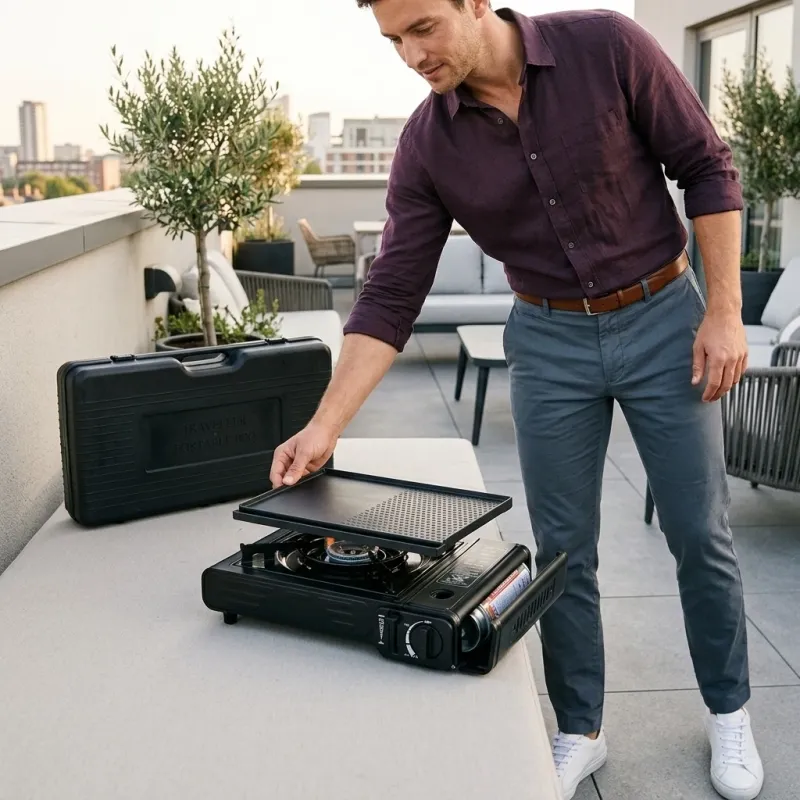 Portable Double Burner Butane Gas Stove with Non-Stick BBQ Griddle Plate - Image 2