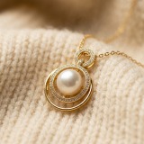 14K Gold Plated Double Loop Rhinestone Pearl Necklace, 9.68mm, 19in thumbnail 7