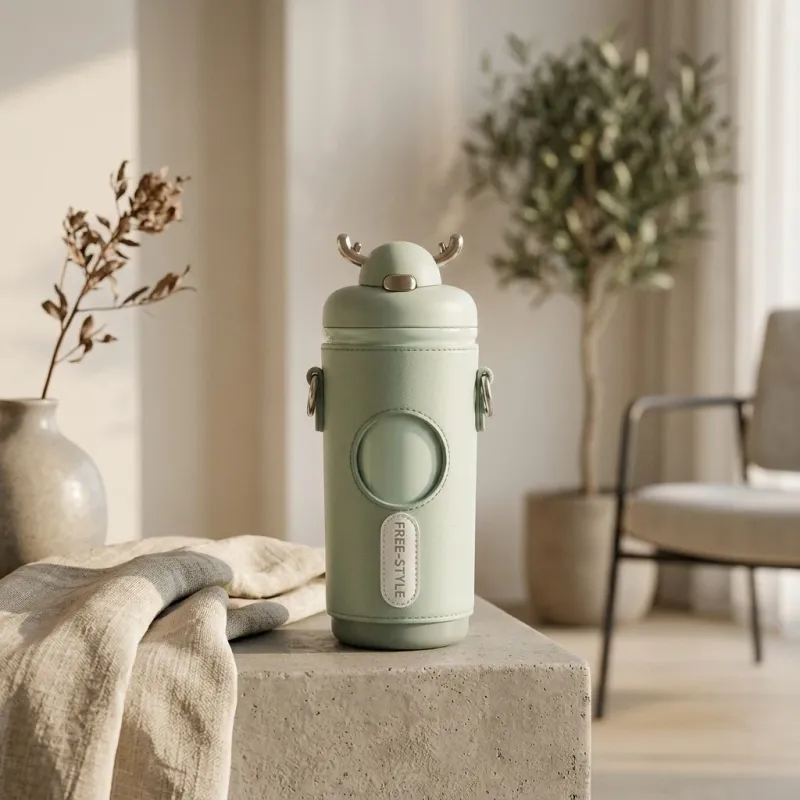Insulated Stainless Steel Water Bottle with Antler Lid and Shoulder Strap - Image 1