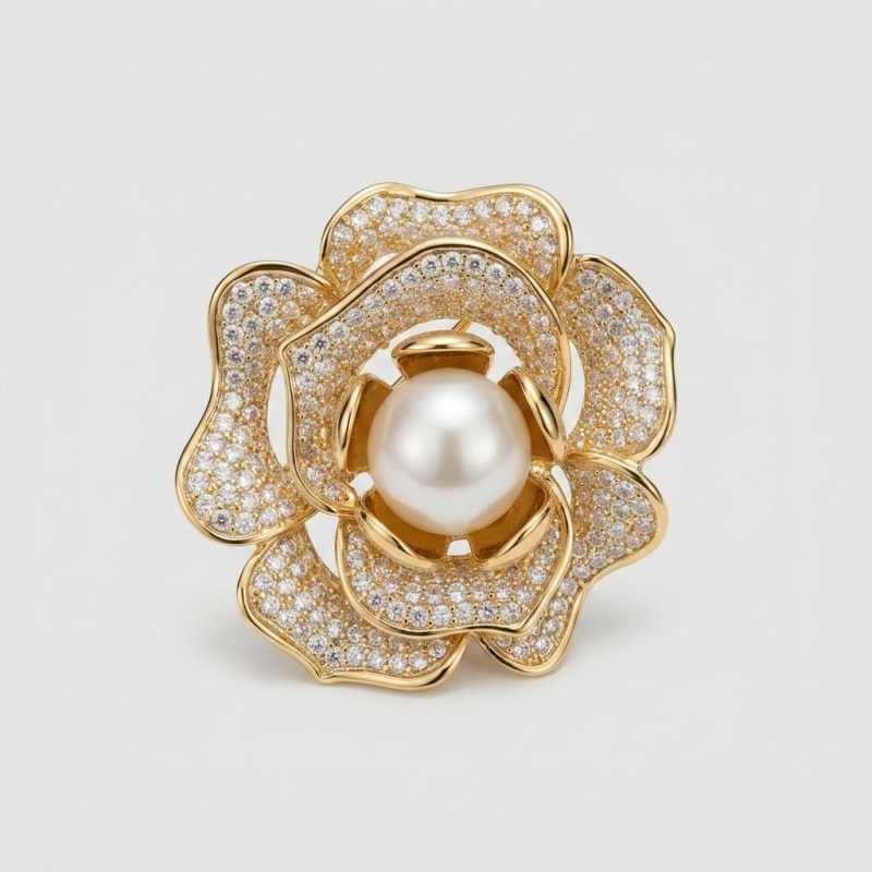 Elegant Gold Rose Pearl Brooch with Sparkling Rhinestones for Women - Image 1