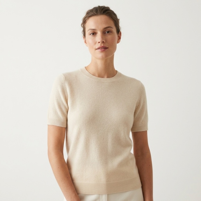 Women's 100% Pure Cashmere Short-Sleeve Top - Beige, Ultra-lightweight, Fine Texture - Image 1