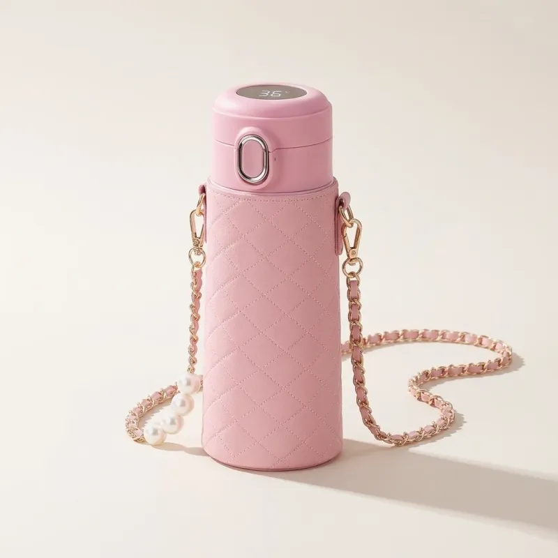 Smart Stainless Steel Vacuum Flask with Quilted Leather Sleeve and Chain - Image 2