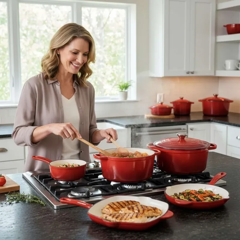 6-Piece Premium Enameled Cast Iron Cookware Set, Vibrant Red - Image 6