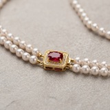 Elegant Double Strand AAA Pearl Necklace with Ruby Simulant Clasp, 18" thumbnail 4