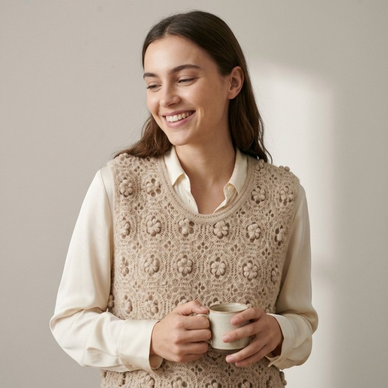 Tatario Women's 100% Pure Cashmere Hollow-Out Floral Knit Vest - Image 1