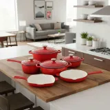 6-Piece Premium Enameled Cast Iron Cookware Set, Vibrant Red thumbnail 2
