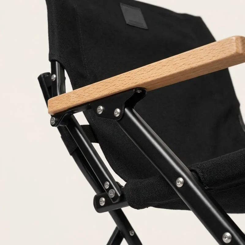 Premium High-Back Folding Camping Chair with Wood Armrests - Black - Image 2