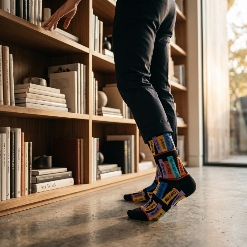 Creative Bookshelf Pattern Crew Socks - Unisex One Size, Premium Cotton Blend - Image 2