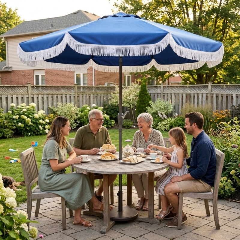 8.8FT Outdoor Patio Umbrella with Tassels, Crank & Tilt - Army Blue - Image 2
