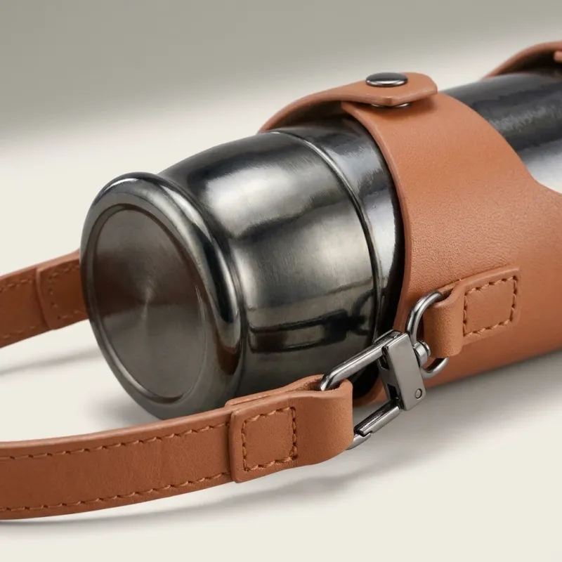 390ml Stainless Steel Insulated Water Bottle with Leather Case and Strap - Image 2