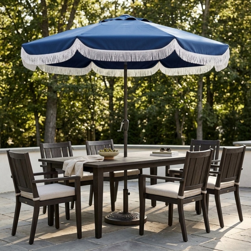 8.8FT Outdoor Patio Umbrella with Tassels, Crank & Tilt - Army Blue - Image 1