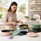 8-Piece Ceramic Non-Stick Cookware Set, Pastel Pink & Green with Gold Handles thumbnail 4