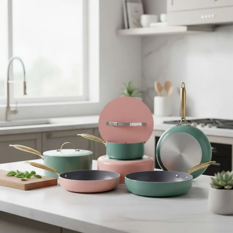 8-Piece Ceramic Non-Stick Cookware Set, Pastel Pink & Green with Gold Handles - Image 3