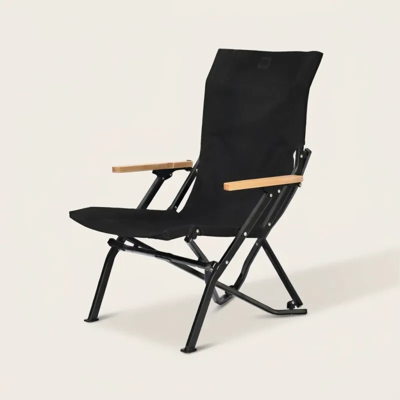 Premium High-Back Folding Camping Chair with Wood Armrests - Black - Image 1