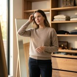 Women's 100% Pure Cashmere Low Neck Sweater - Elegant Light Camel, Classic, Basic thumbnail 4