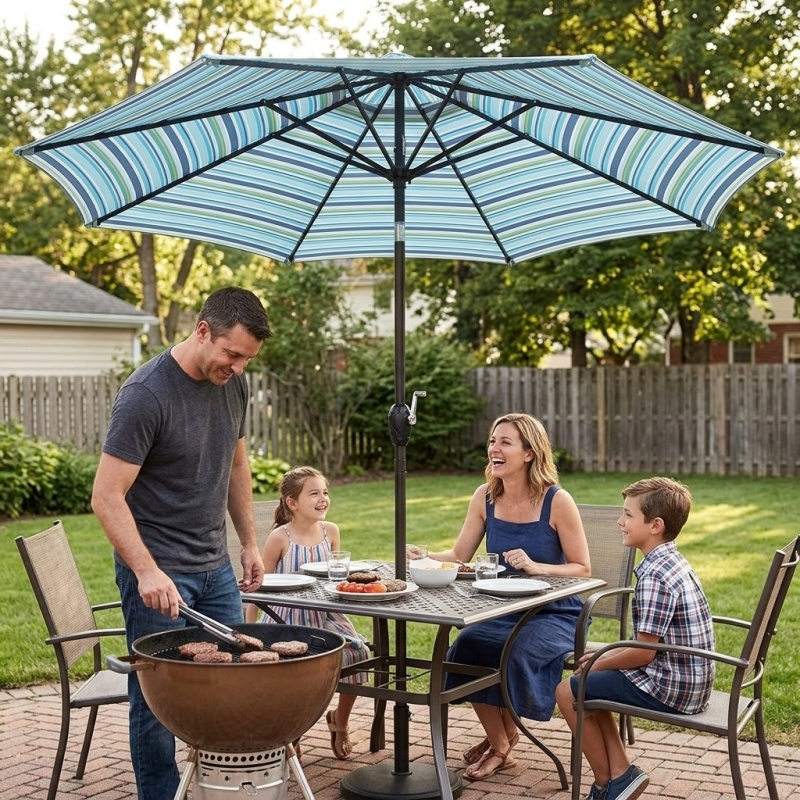 9ft Blue Striped Outdoor Umbrella with Crank Handle and Push-Button Tilt - Image 1