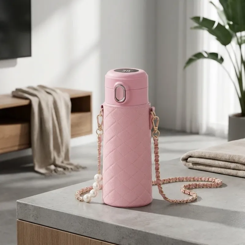 Smart Stainless Steel Vacuum Flask with Quilted Leather Sleeve and Chain - Image 1