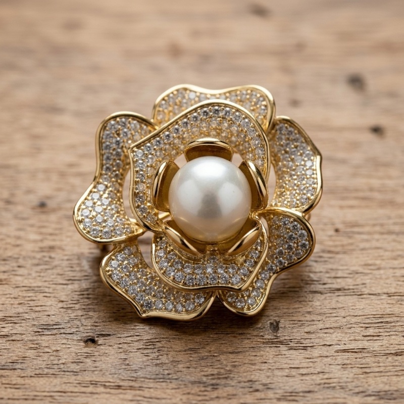 Elegant Gold Rose Pearl Brooch with Sparkling Rhinestones for Women - Image 2