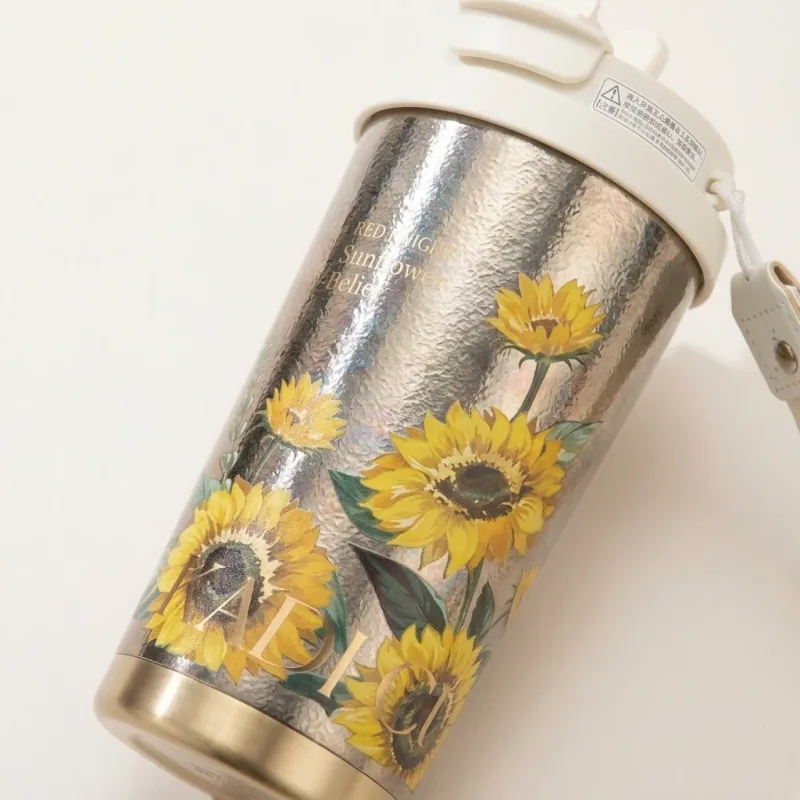 Titanium Insulated Travel Mug with Floral Art and Carrying Strap - Image 3