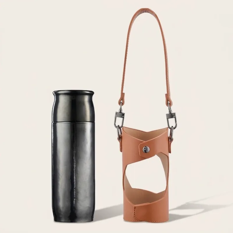 390ml Stainless Steel Insulated Water Bottle with Leather Case and Strap - Image 1
