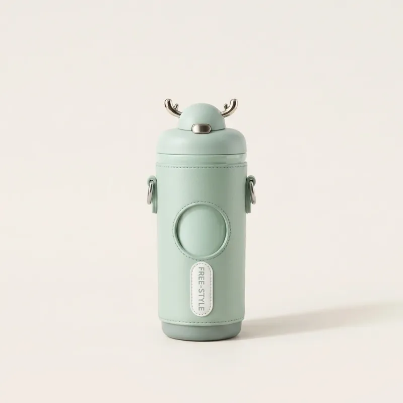 Insulated Stainless Steel Water Bottle with Antler Lid and Shoulder Strap - Image 2