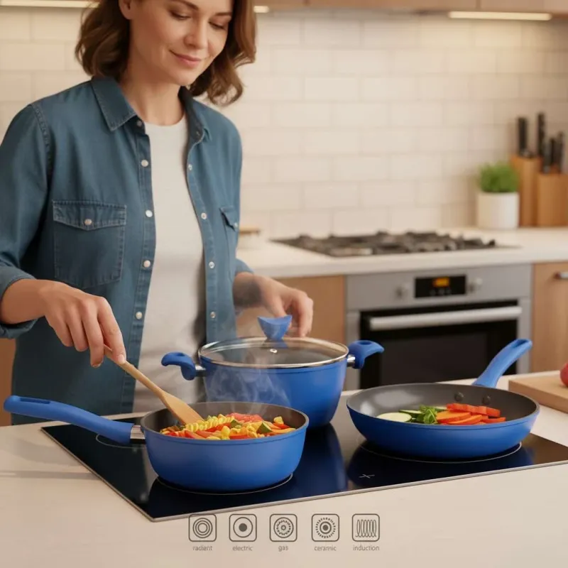 Premium 8-Piece Non-Stick Cookware Set with Glass Lids, Induction-Ready Teal - Image 4